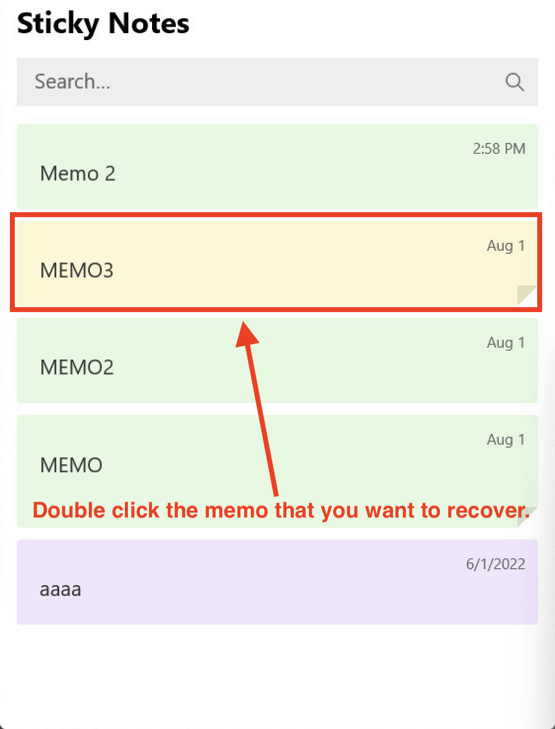Picture of recovering note from note list
