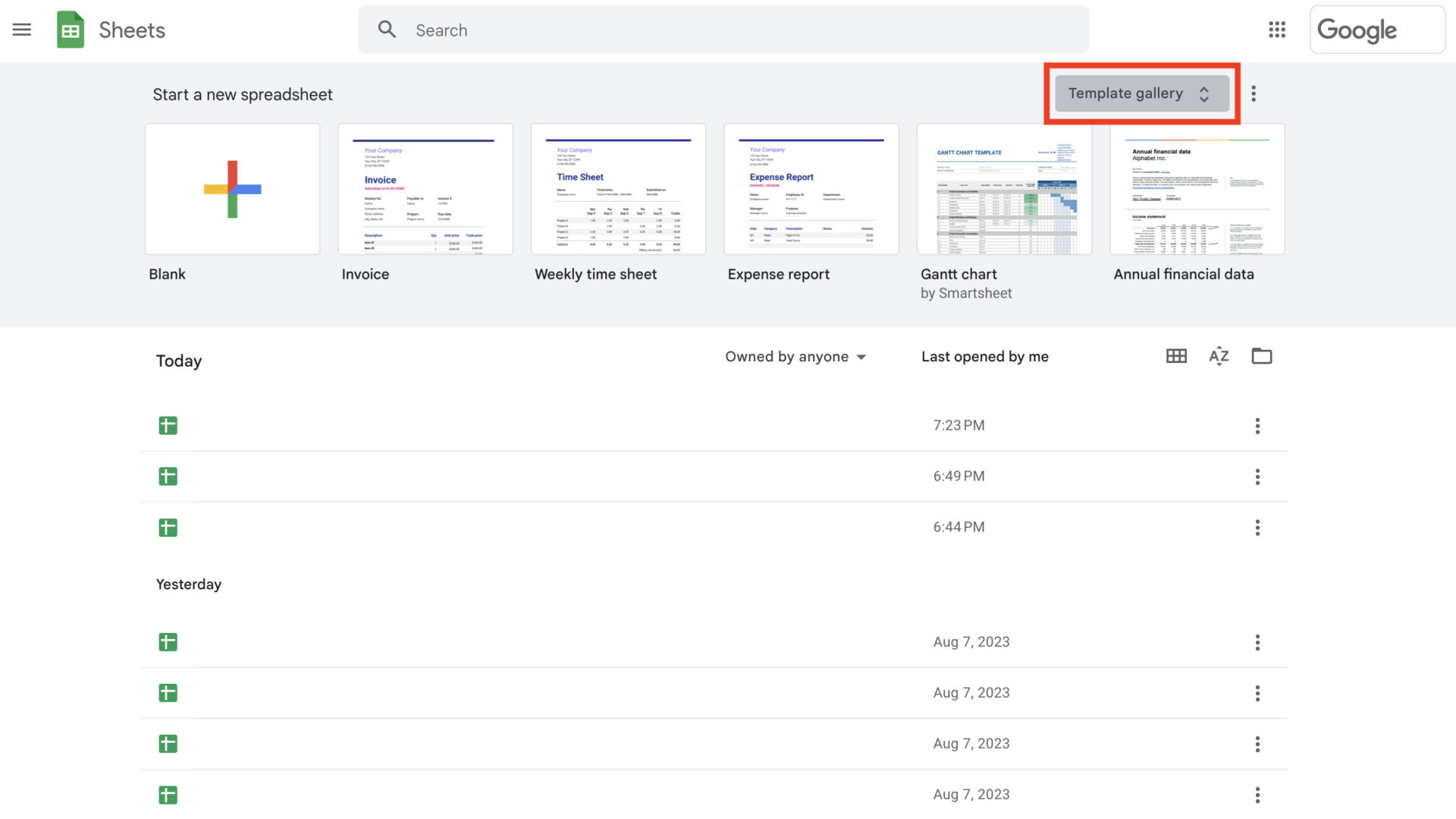 Templates gallery of Google Sheets