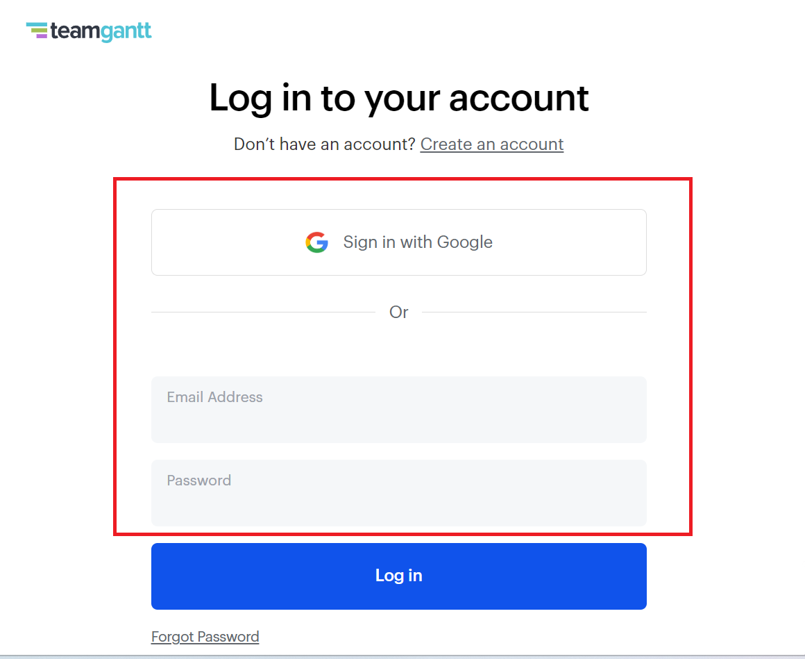 teamganttでメールアドレスとパスワードを入力する画面