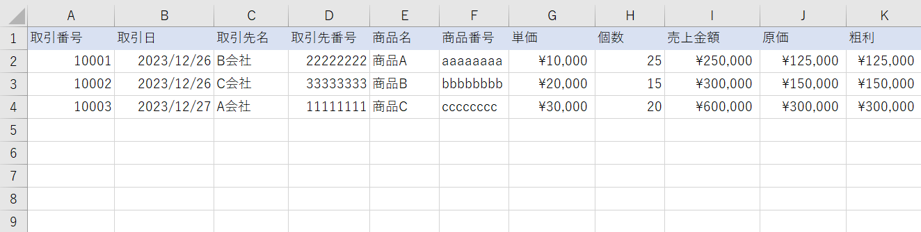 売上管理表が完成した画面