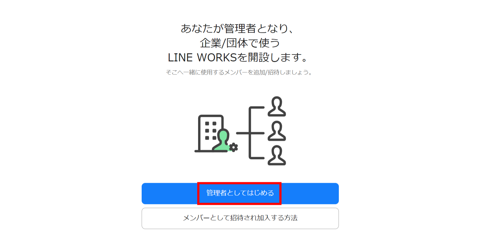 LINE WORKSの登録を始める画面