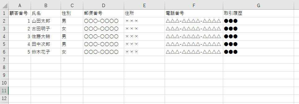 Excelに項目を記載した画面
