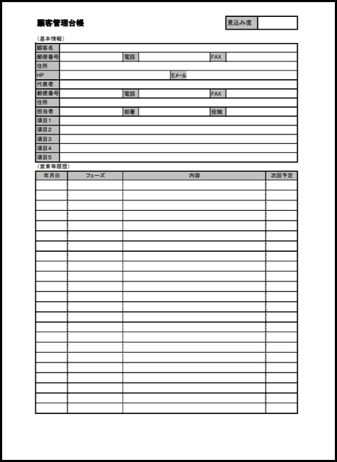 カルテ形式の顧客管理台帳のテンプレート画面