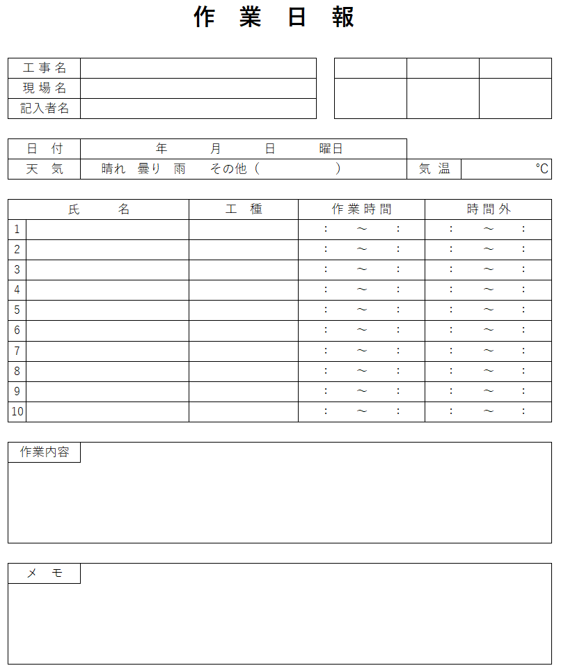 作業員別の作業日報のテンプレート画面