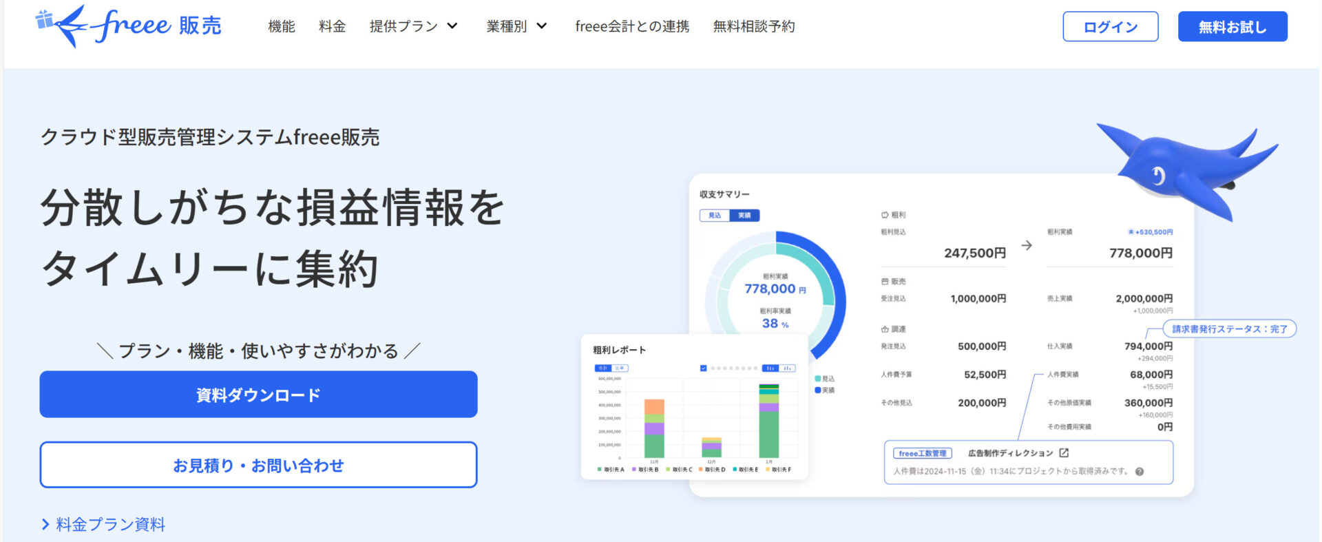 freee販売のトップページ画面