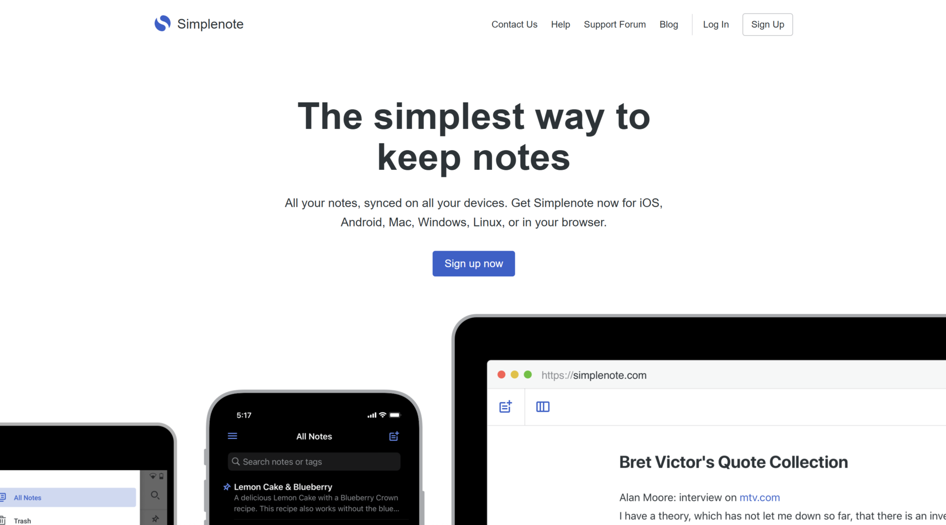 Simplenoteのトップページ