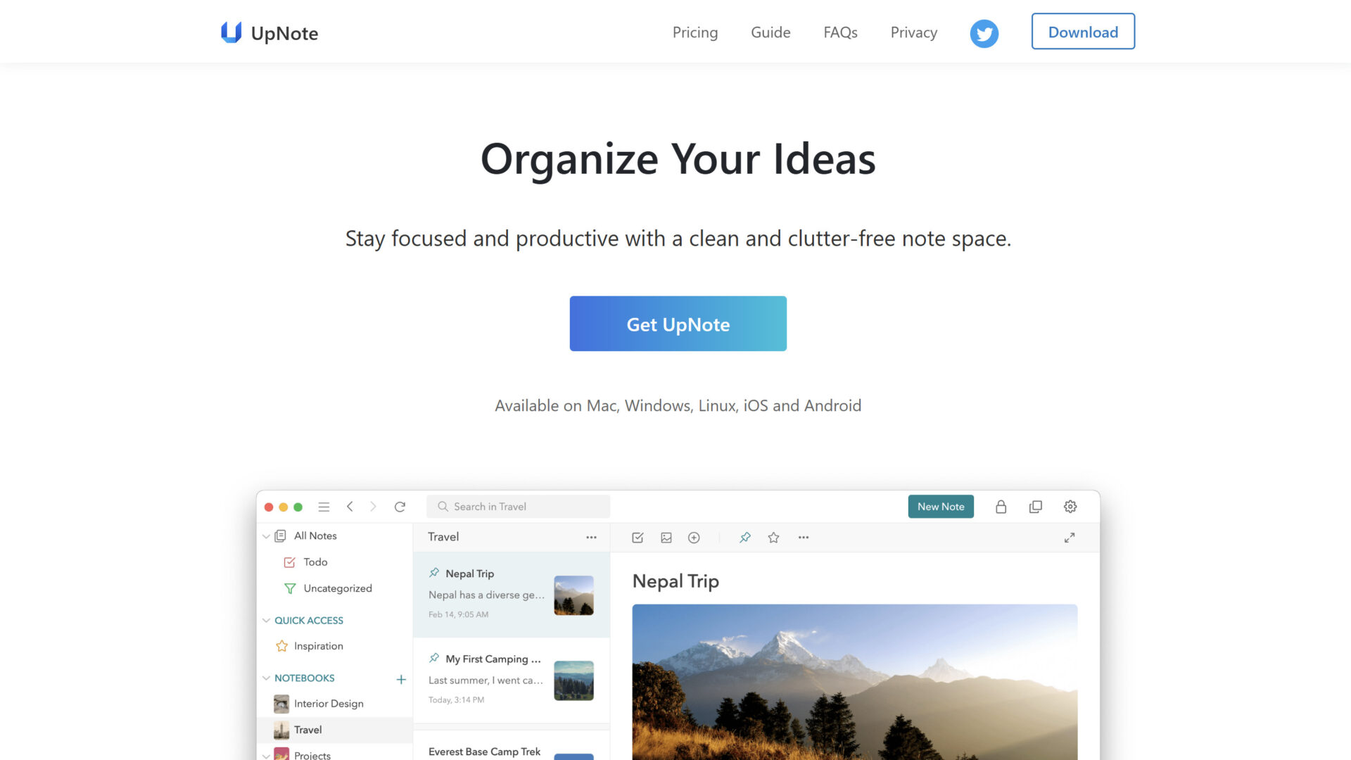 UpNoteのトップページ