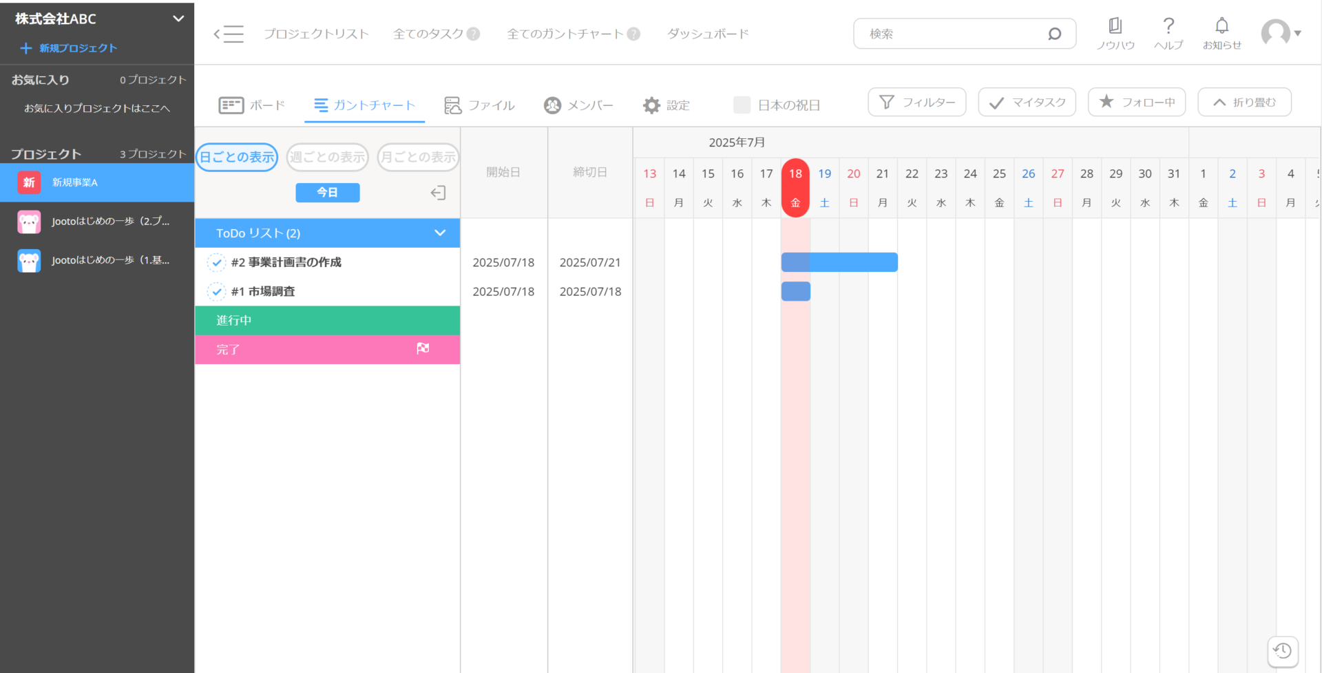 jootoのガントチャートでタスク管理する画面