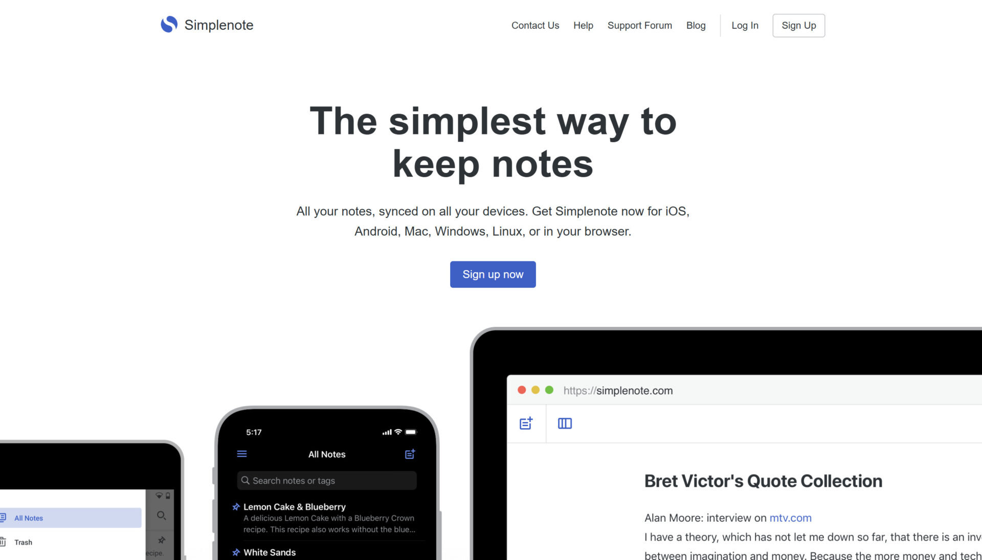 Simplenoteのトップページ
