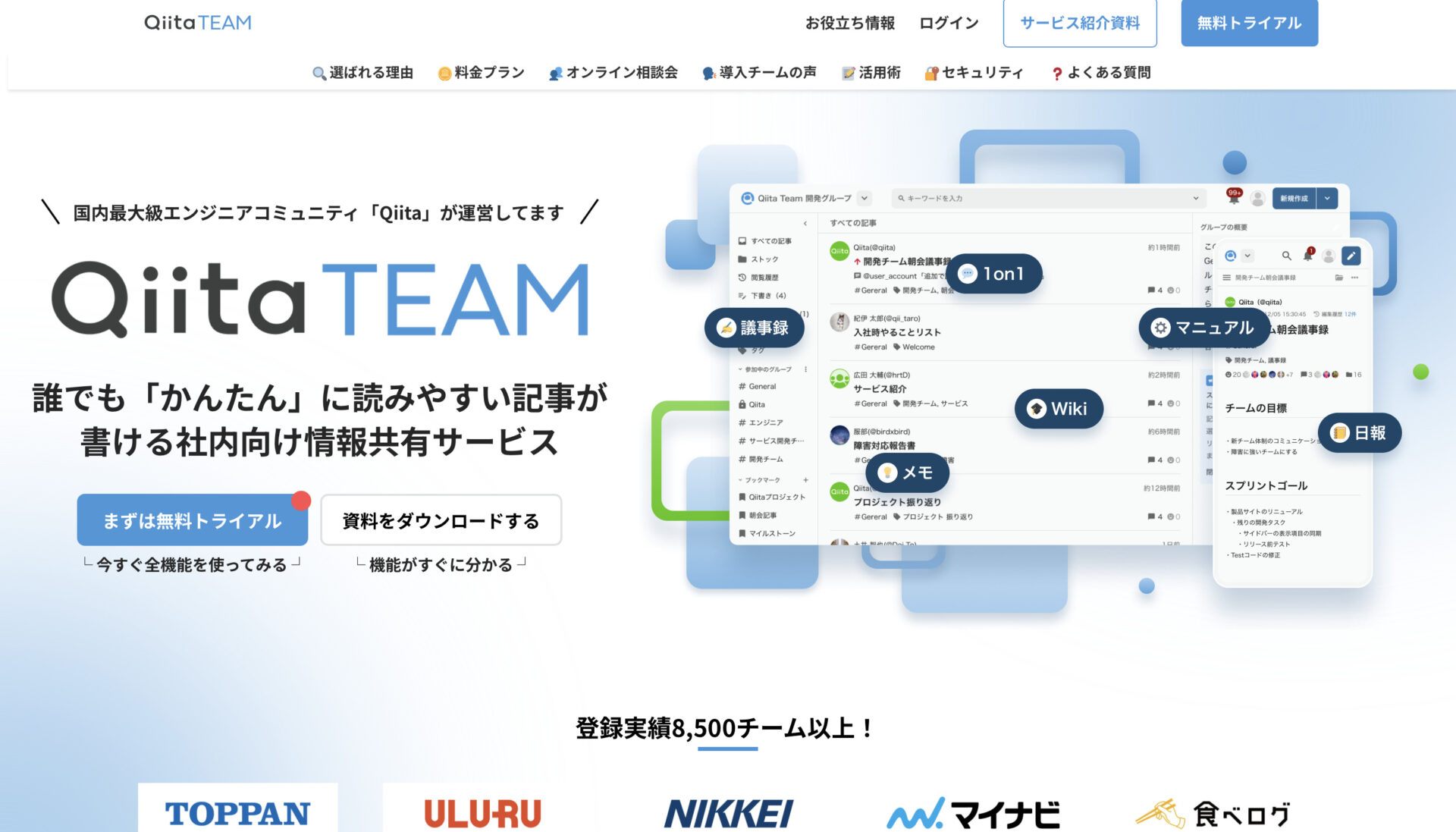 Qiita:Teamのトップページ画面