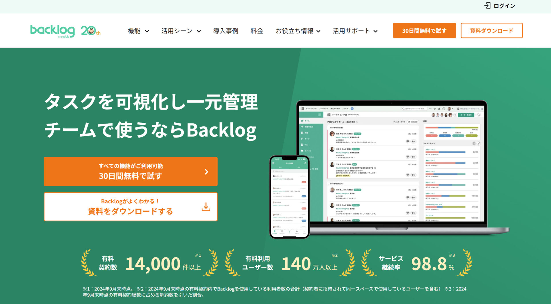 Backlogのトップページ