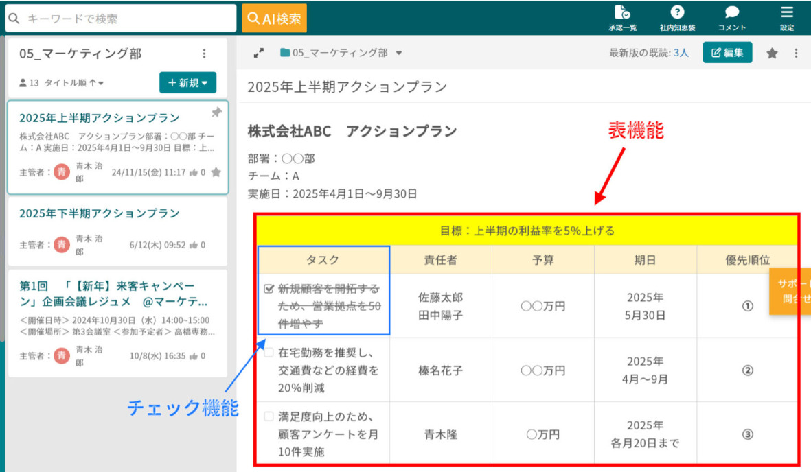 ナレカンでアクションプランを作成している画面