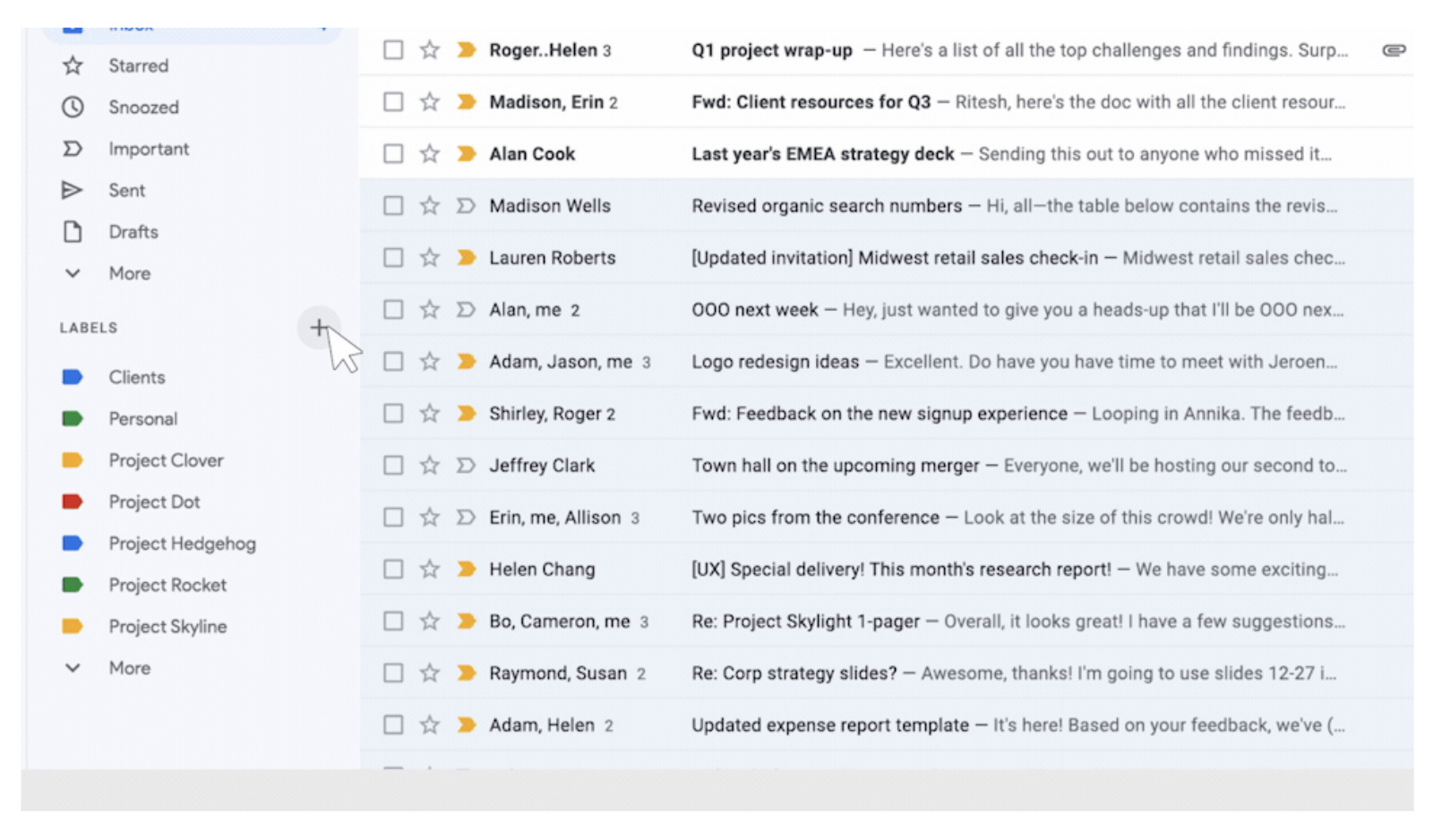 Gmailのラベル操作画面