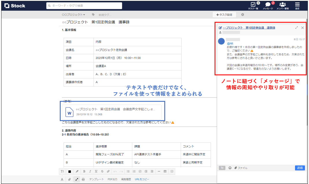 Stockで議事録を作成した画面