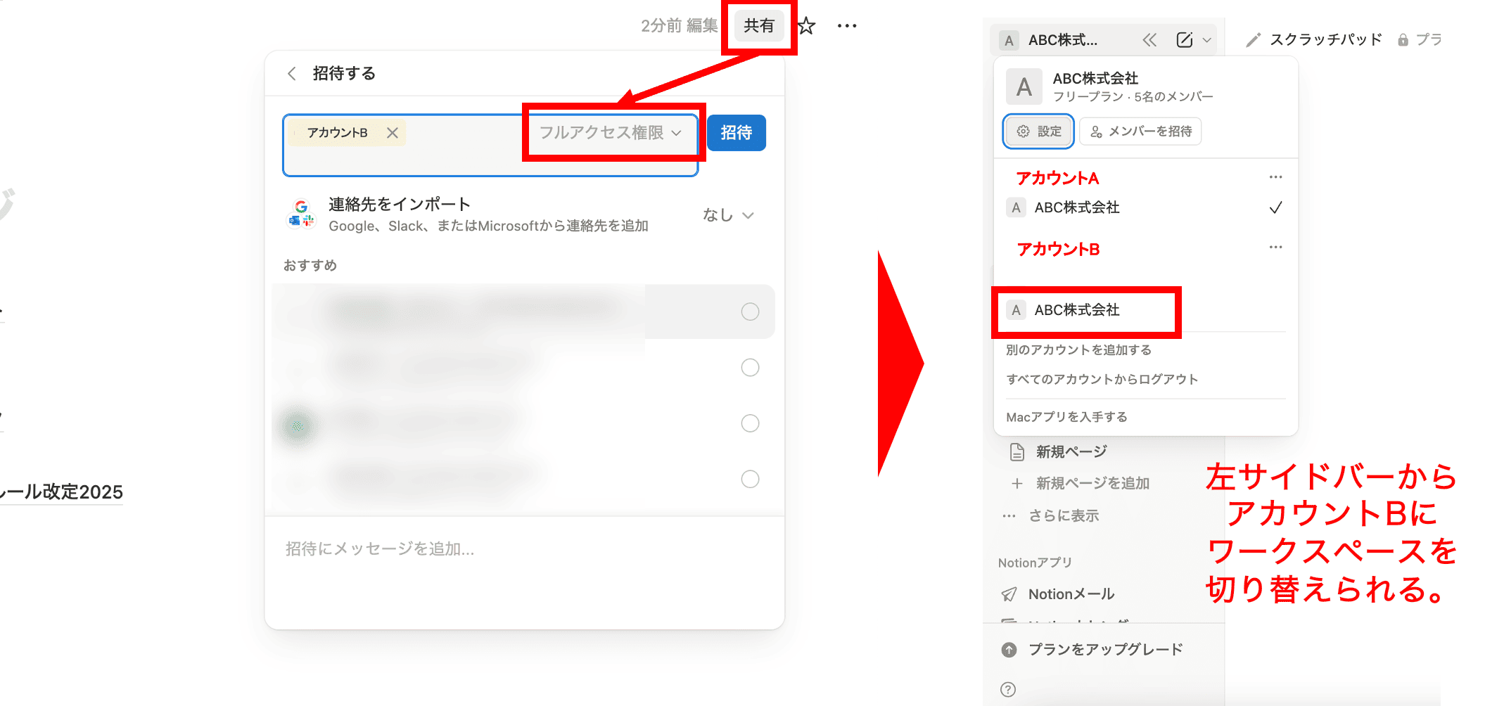 アカウントBに共有する