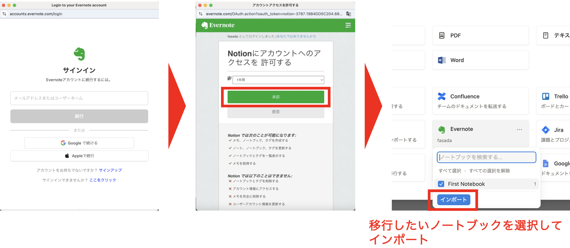 NotionからEvernoteへのアクセス可否を選択する画面