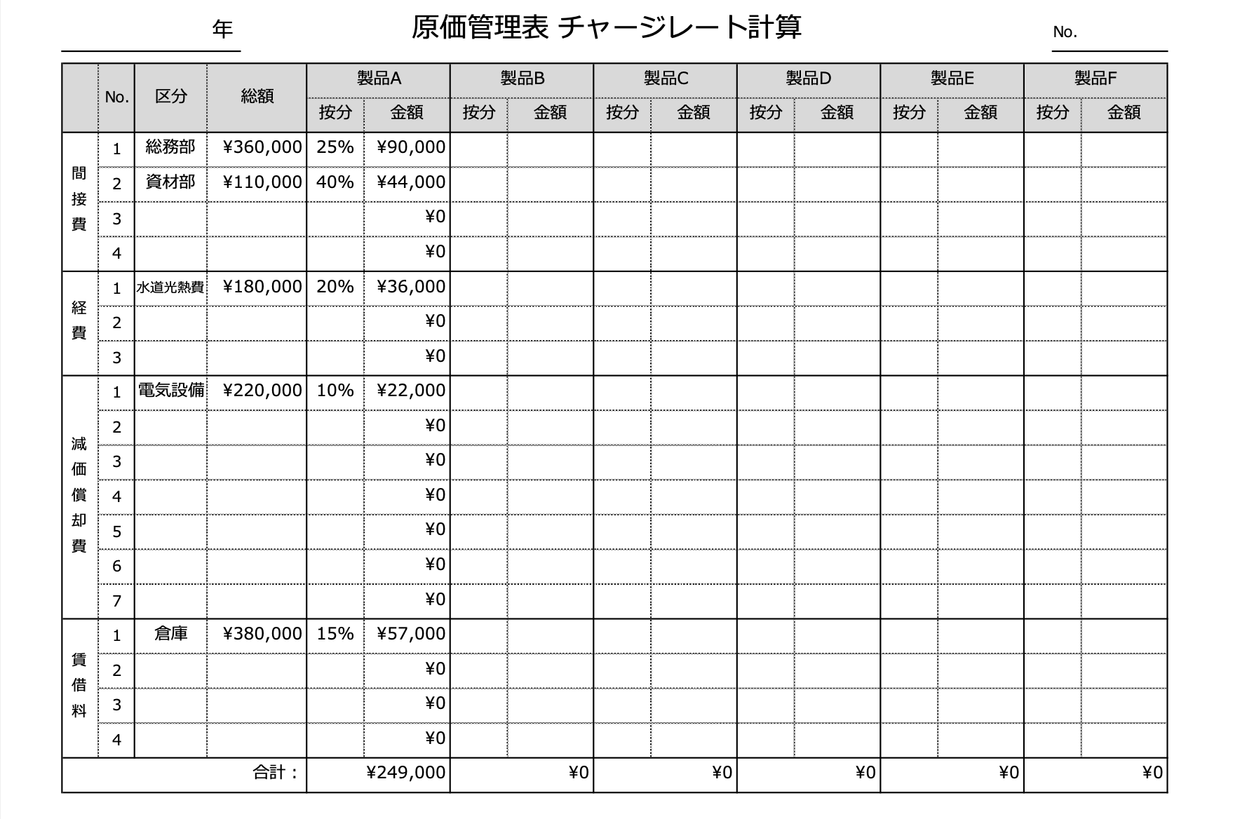 無料ダウンロードできるExcelテンプレートの「チャージレート計算表」画面