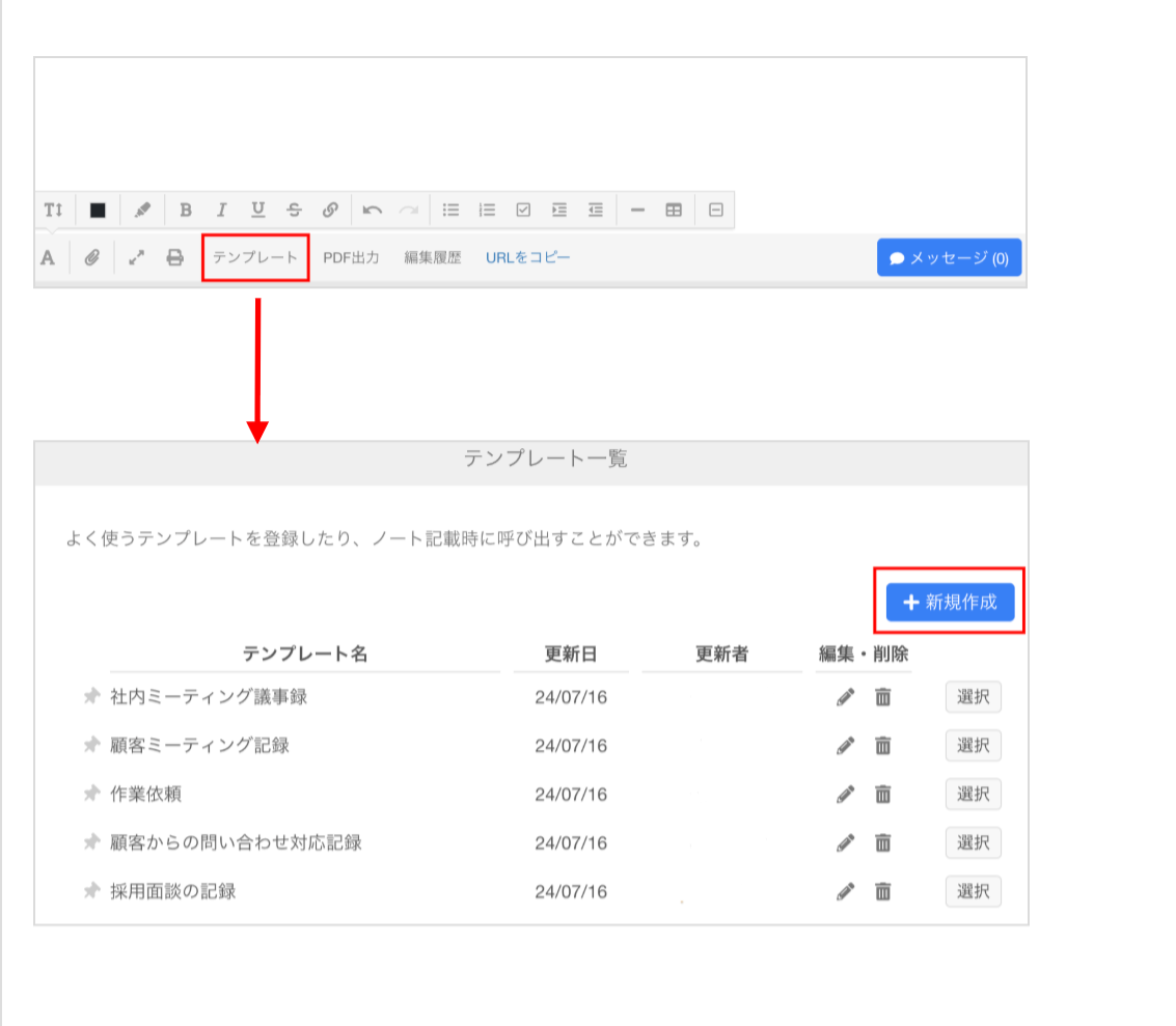 テンプレートを新規作成する場面