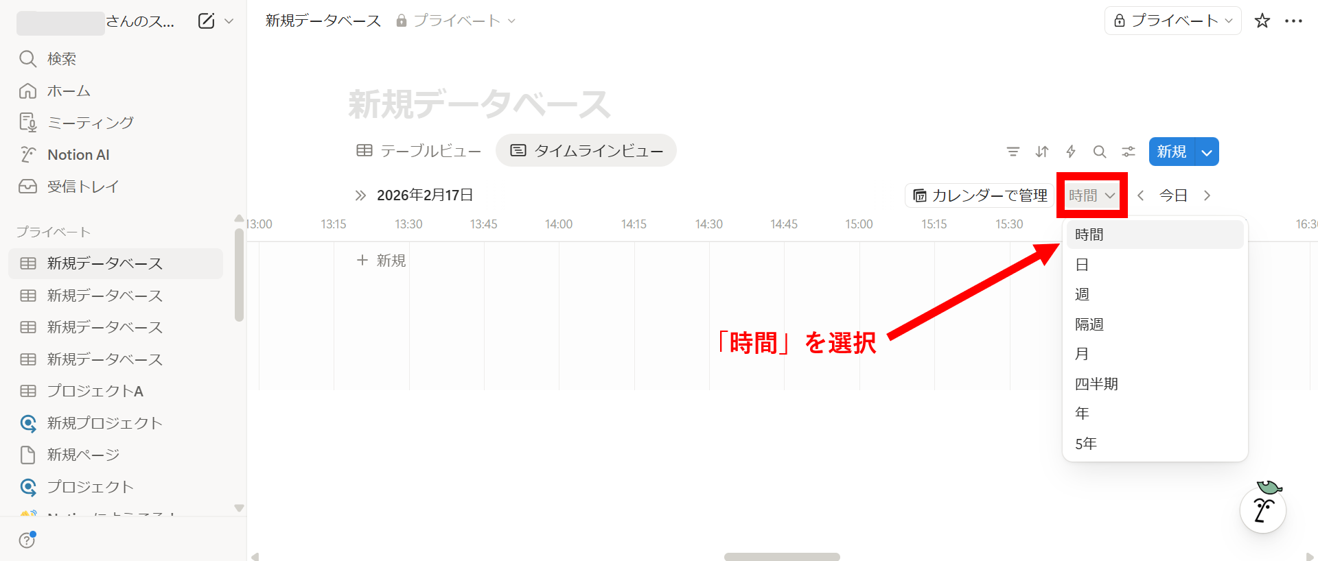 Notionタイムラインを時間単位で表示する画面