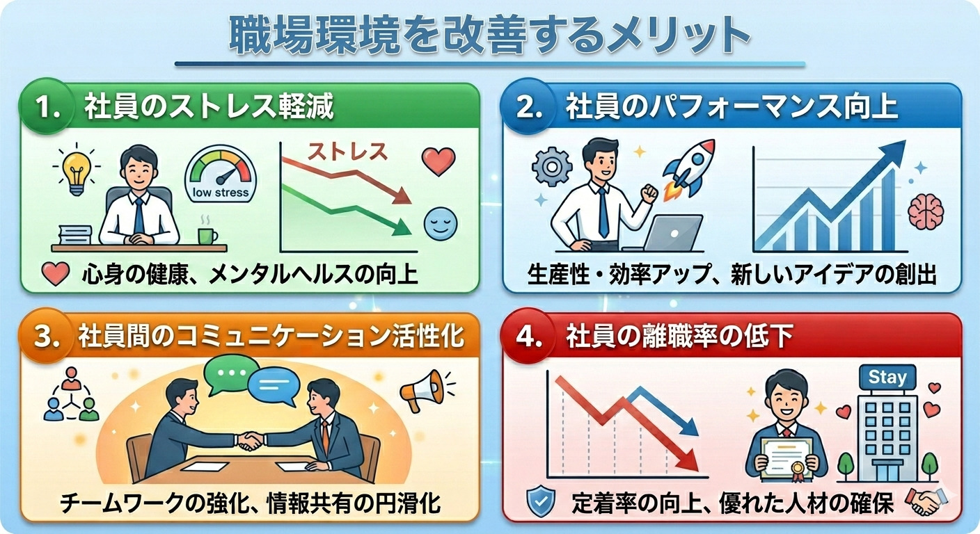 職場環境の改善がもたらすメリットのイメージ図