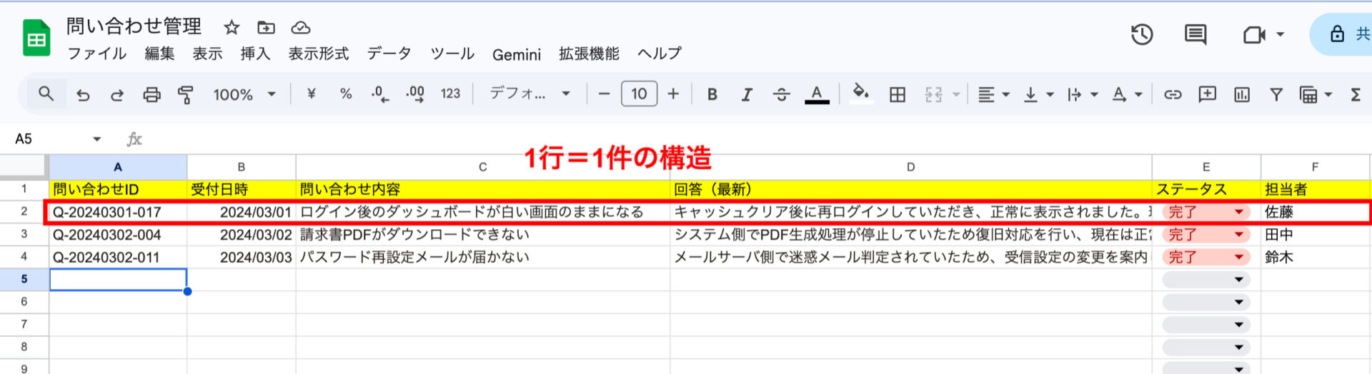 スプレッドシートで問い合わせ管理する画面