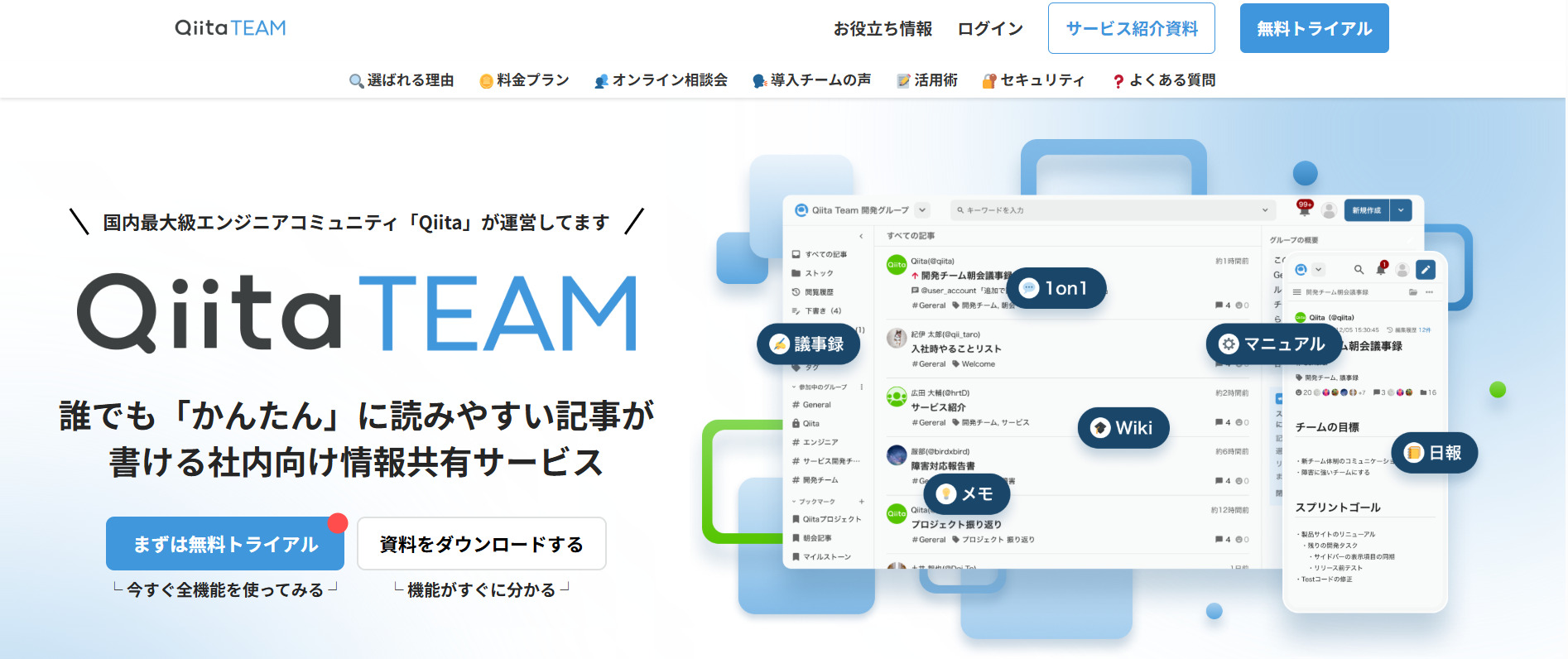 Qiita Teamのトップページ画面