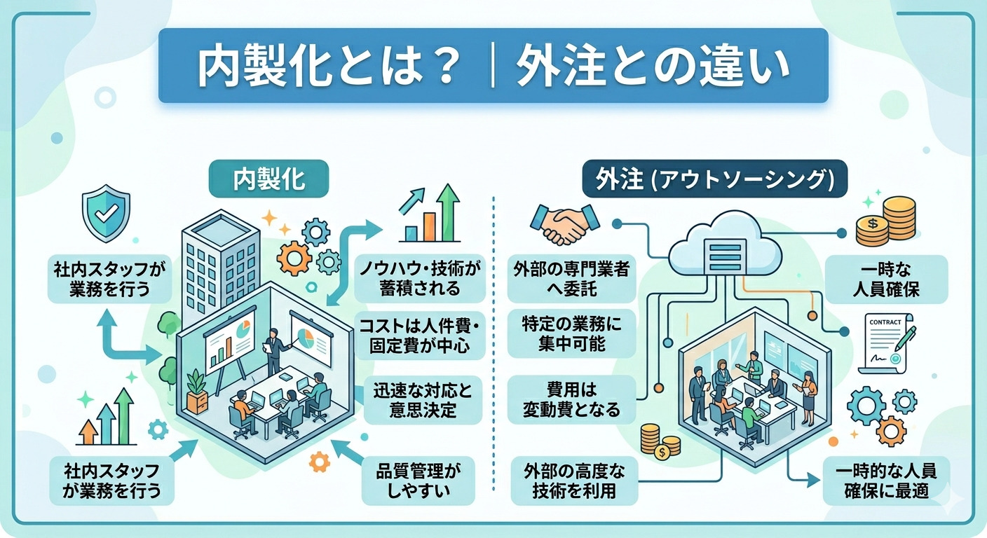 （内製化と外注の違いを解説する画面）