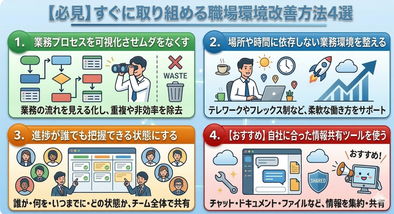 職場環境改善方法4つのイメージ図
