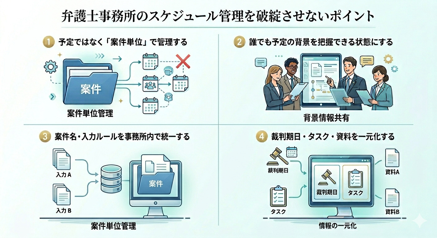 弁護士事務所のスケジュール管理を破綻させないポイント解説画面