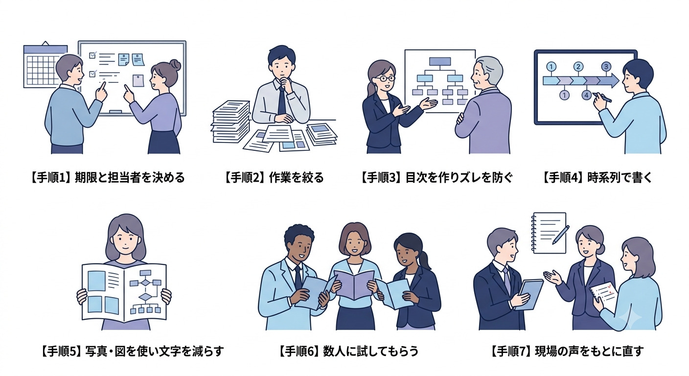 (現場に浸透する業務マニュアル作成の手順を解説する画面)