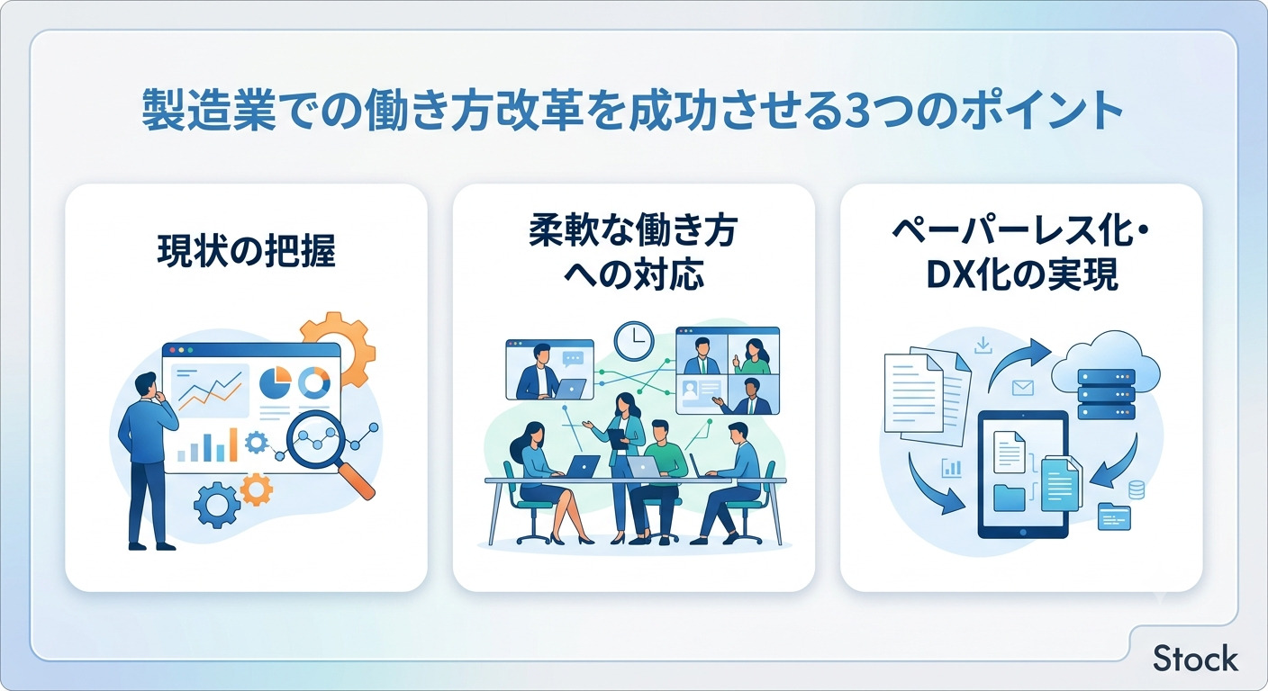 製造業での働き方改革を成功させる3つのポイントの解説画面