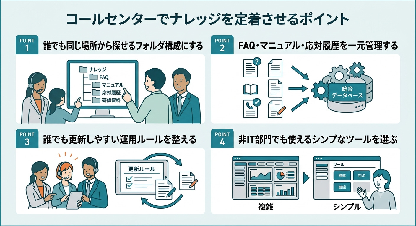 コールセンターでナレッジを定着させるポイントの解説画面
