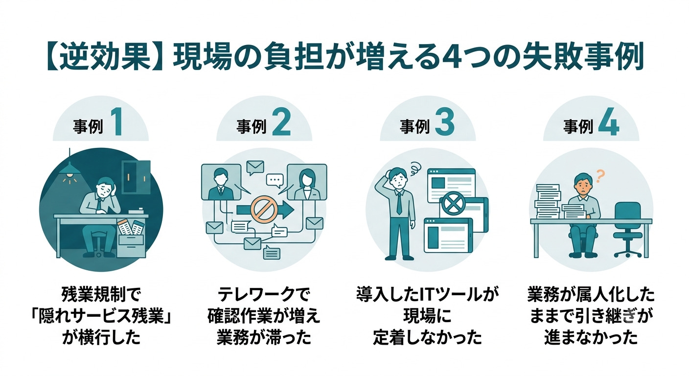 (現場の負担が増える4つの失敗事例の解説画面)