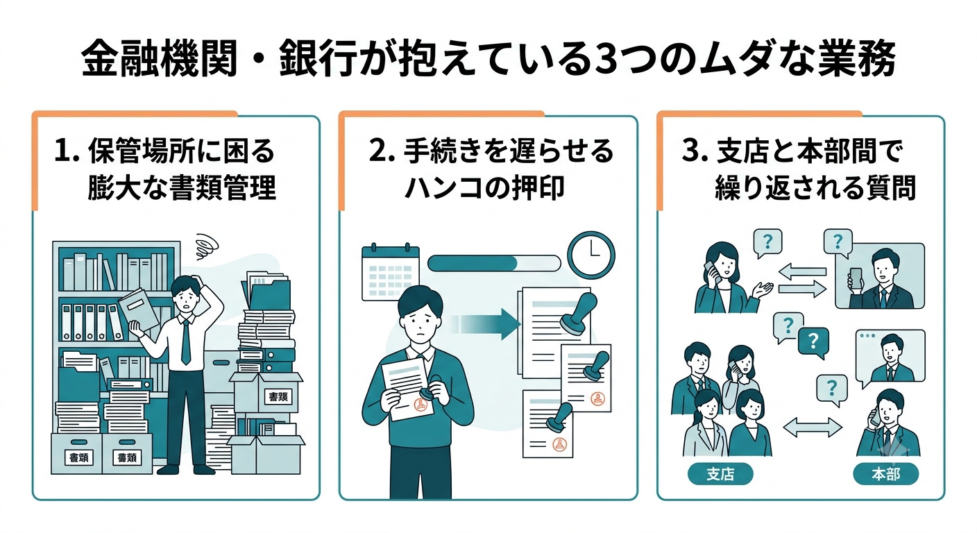 （金融機関・銀行が抱えている3つのムダな業務を紹介する画面）