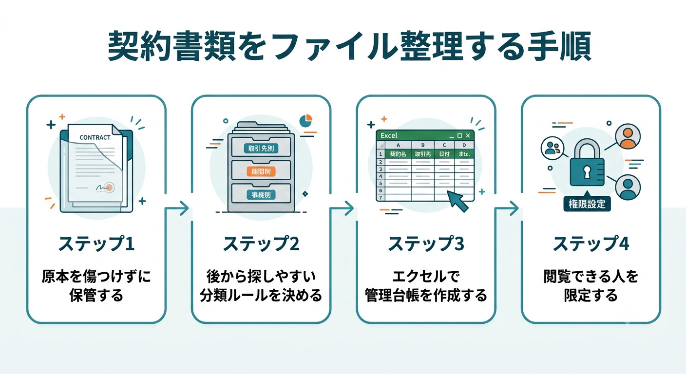 契約書類をファイル整理する手順を紹介する画面