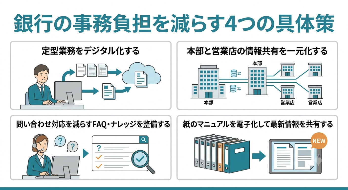 （銀行の事務負担を減らす4つの具体策を紹介する画面）