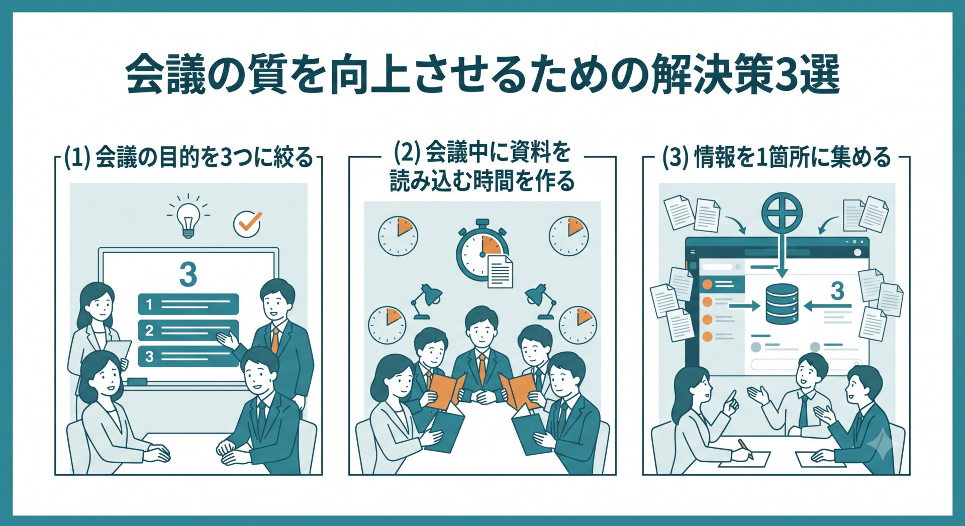 会議の質を向上させるための解決策3選の見出しのイメージ図