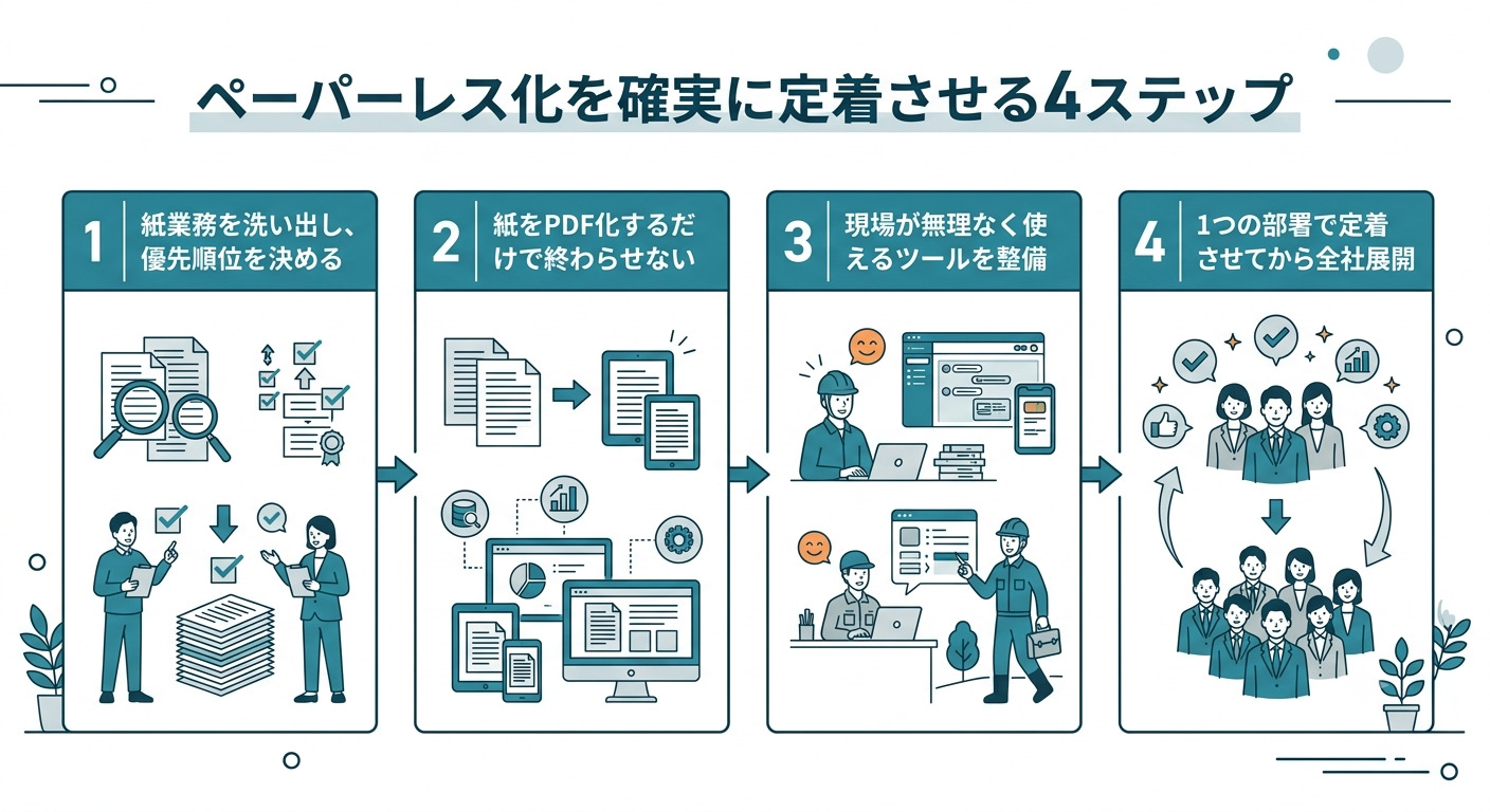 （ペーパーレス化を確実に定着させる4ステップを解説する画面）
