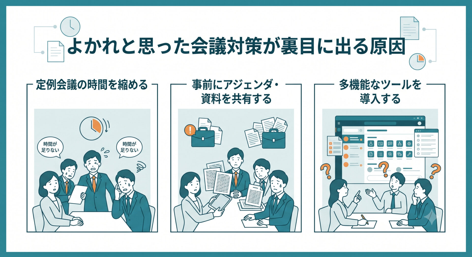 よかれと思った会議対策が裏目に出る原因の見出しのイメージ図