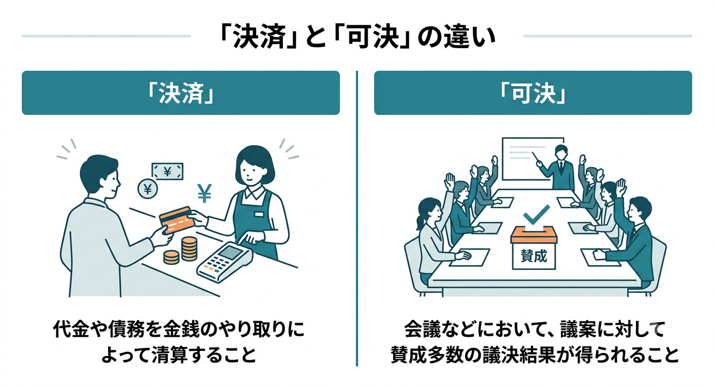 混同しやすい「決済」や「可決」との違いの解説画面