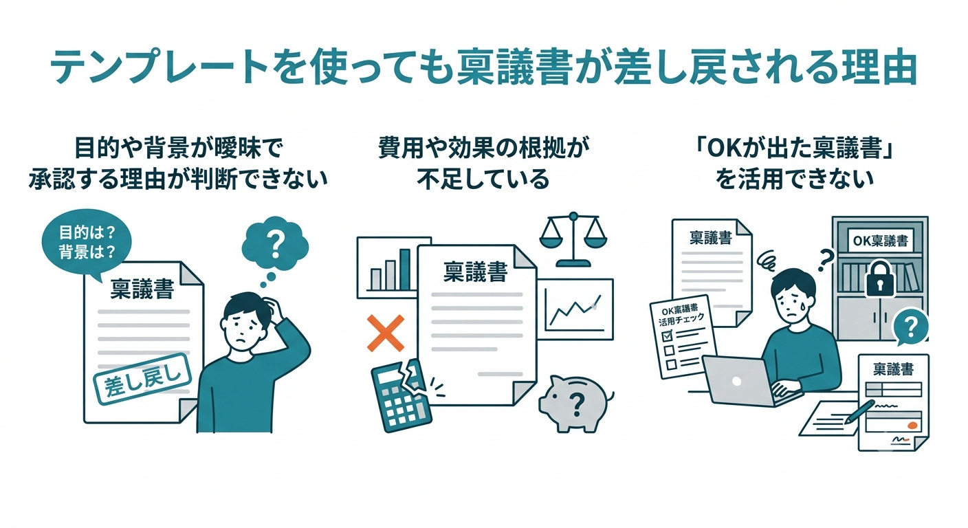 テンプレートを使っても稟議書が差し戻される理由の解説画面