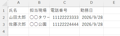 Excelに情報を入力した画面