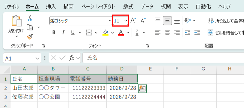 Excelの文字のサイズを変更する画面