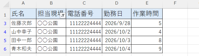 Excelのフィルター機能を使った画面